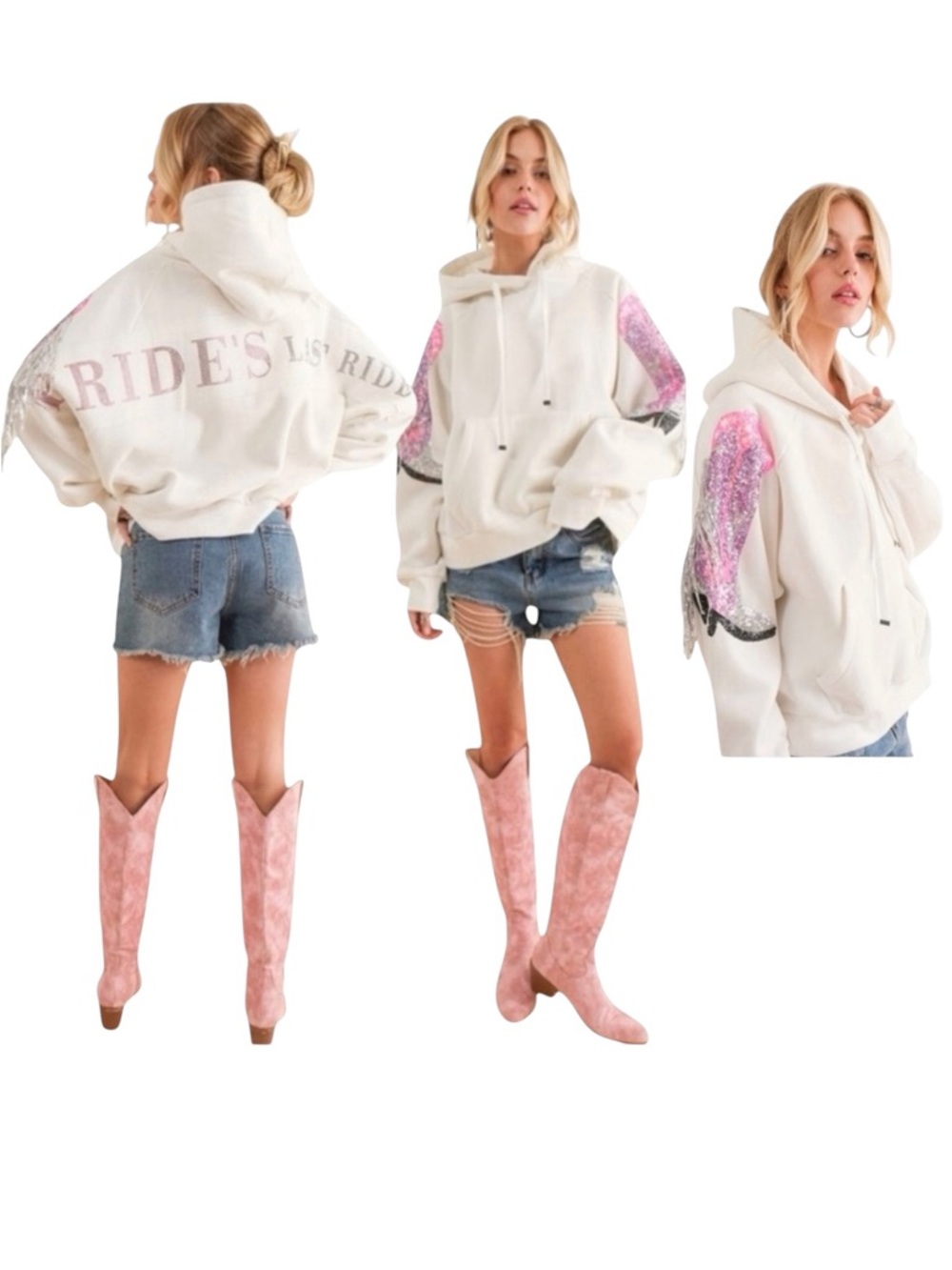 blue b Bride's Last Ride Rhinestone Silver Sequin Fringe Cowboy Boot Sweatshirt